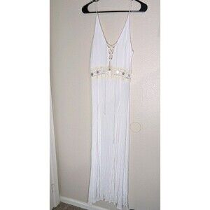 ASOS White Boho Maxi Dress 4 Cowrie Shell Lace Up Beach Cover Up Viscose